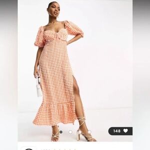 ASOS The Frolic exclusive gingham ruffle milkmaid midaxi dress in tangerine